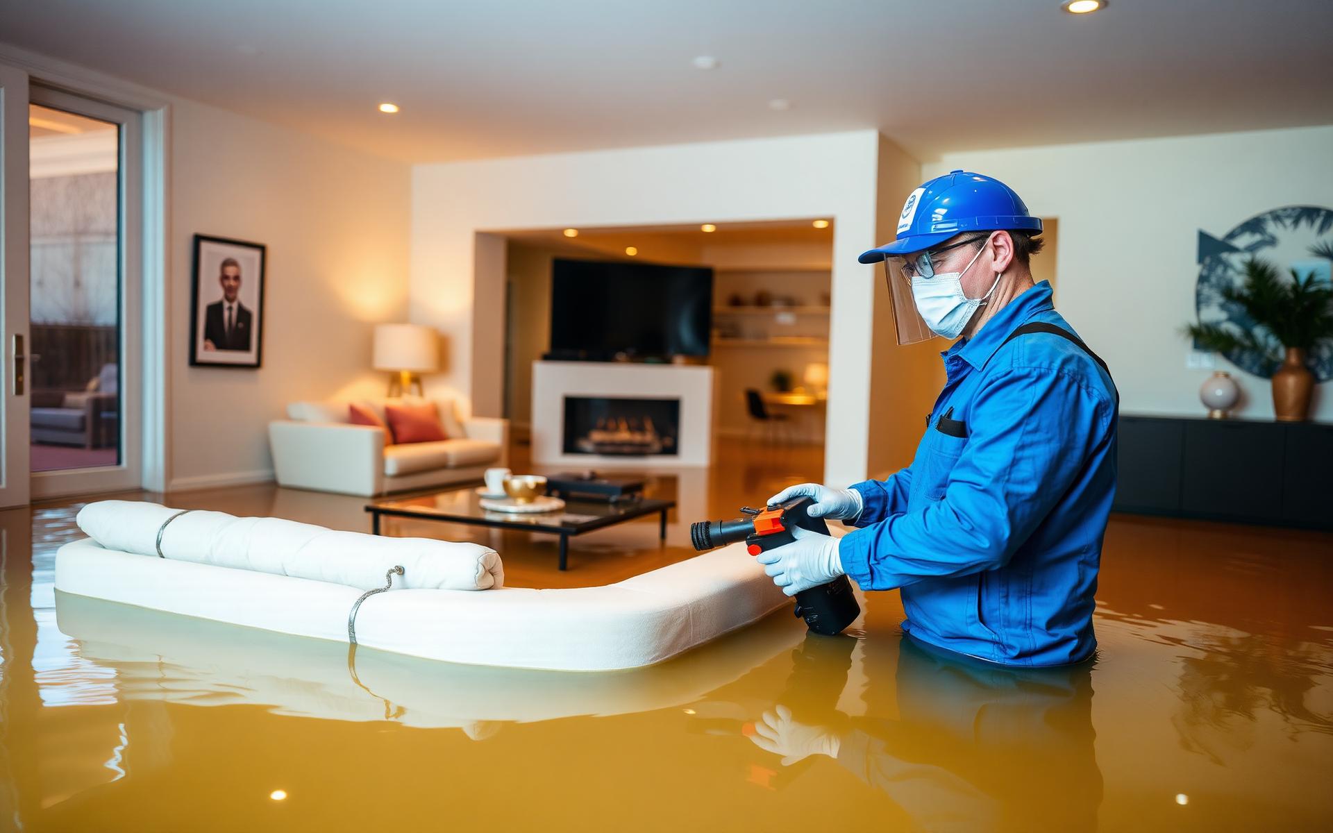 Water damage restoration technician extracting water from a flooded home